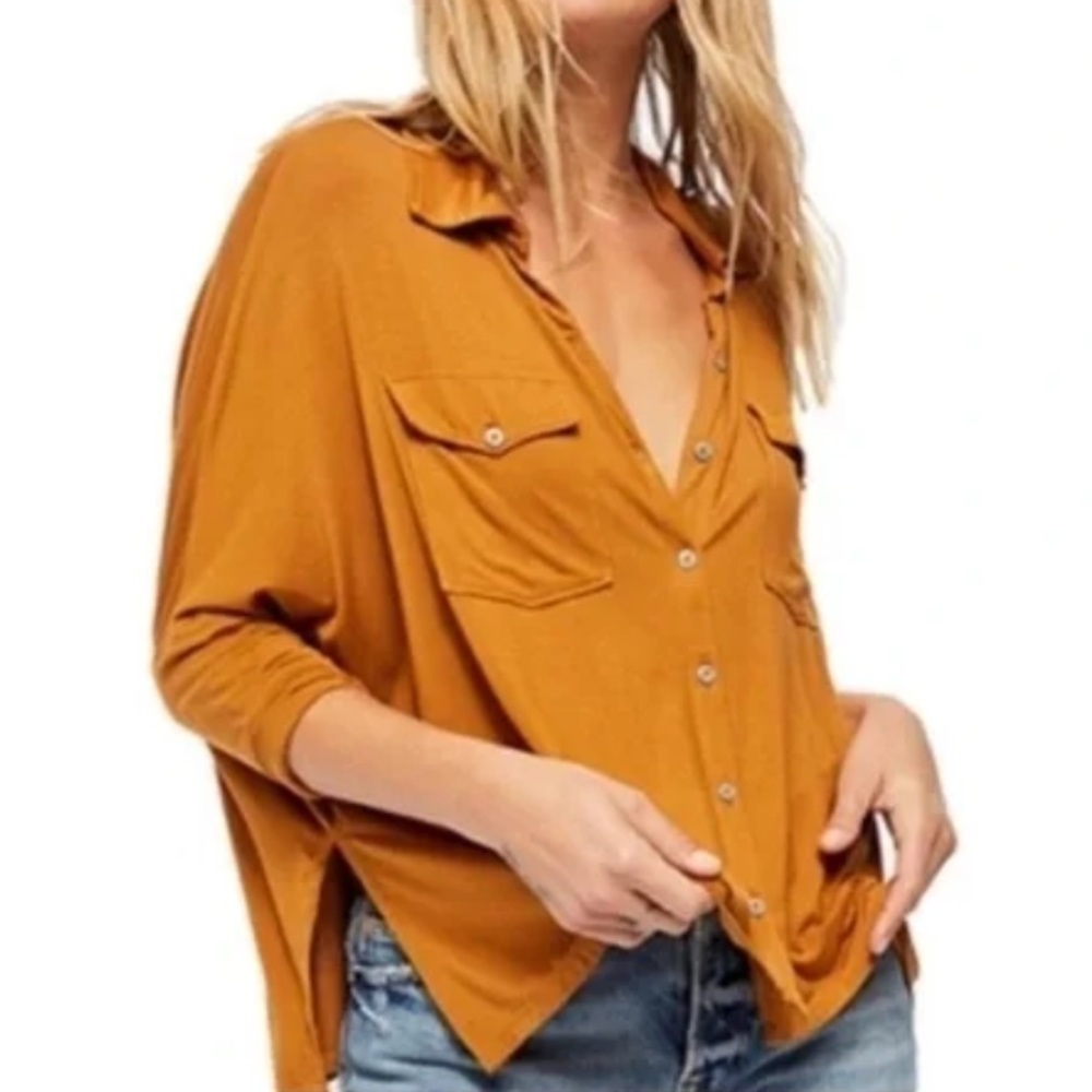 We The Free Women XS Honey Ginger 3/4 Sleeves Oversized Andy Button Front Shirt